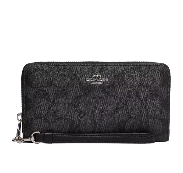 Coach Women's Long Zip Around Wallet In Signature Canvas Silver/Graphite/Black