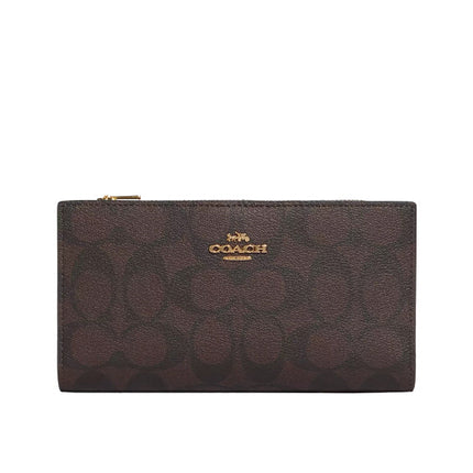 Coach Women's Slim Zip Wallet In Signature Canvas  Gold/Brown Black