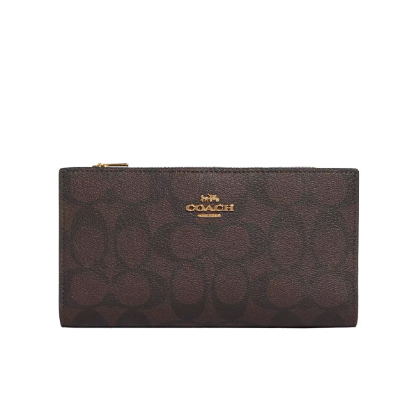 Coach Women's Slim Zip Wallet In Signature Canvas  Gold/Brown Black