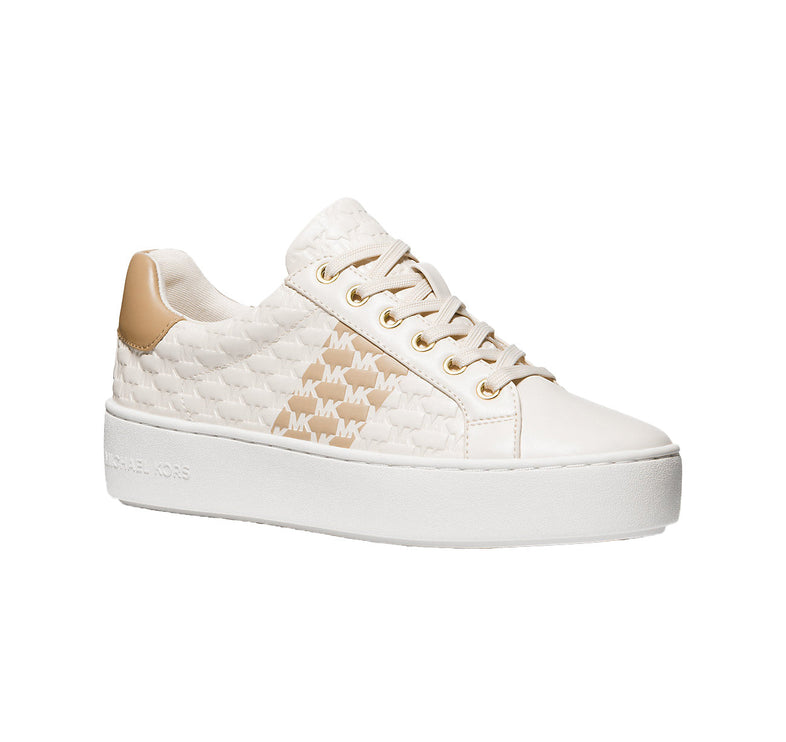 Michael Kors Women's Poppy Logo Embossed Stripe Sneaker Light Cream - Ready to Ship