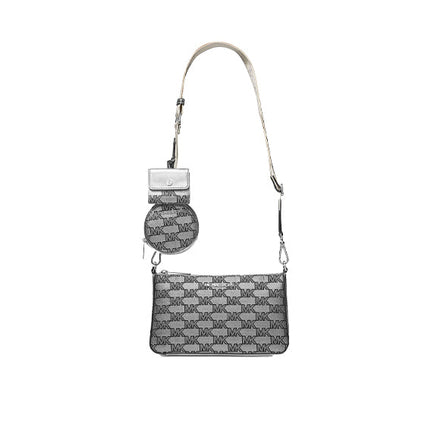 Michael Kors Women's Jet Set Metallic Logo Jacquard Crossbody Bag with Case for Apple Airpods Pro Silver