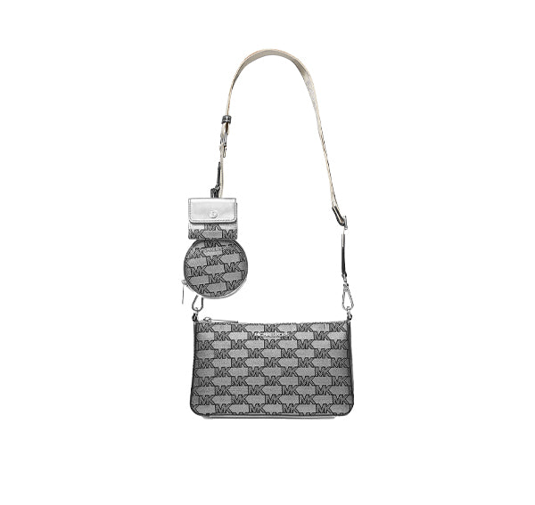 Michael Kors Women's Jet Set Metallic Logo Jacquard Crossbody Bag with Case for Apple Airpods Pro Silver