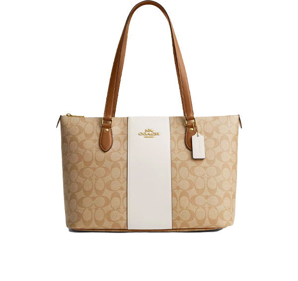 Coach Women's Gallery Tote In Signature Canvas With Stripe Gold/Light Khaki/Chalk Lt Saddle