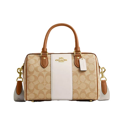 Coach Women's Rowan Satchel In Signature Canvas With Stripe Gold/Light Khaki/Chalk Lt Saddle