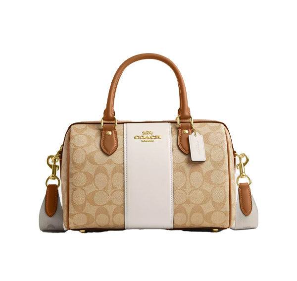 Coach Women's Rowan Satchel In Signature Canvas With Stripe Gold/Light Khaki/Chalk Lt Saddle