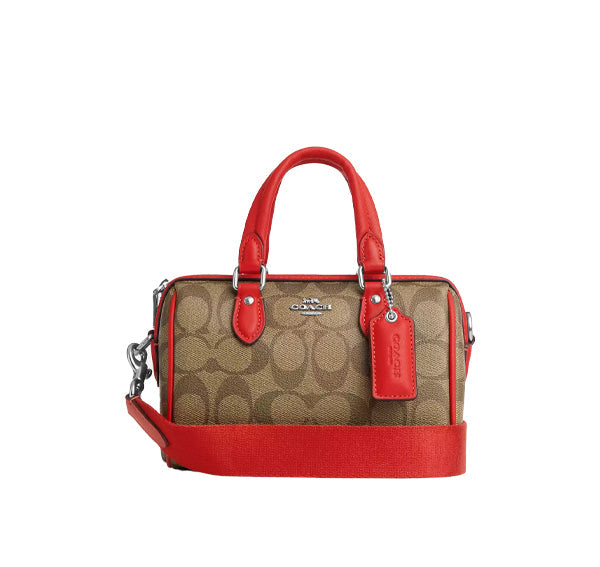 Coach Women's Mini Rowan Crossbody In Signature Canvas Silver/Khaki/Miami Red