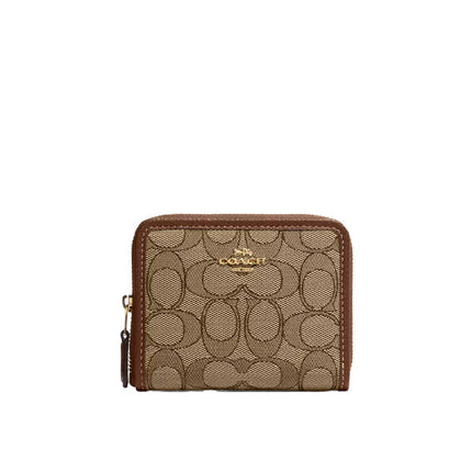 Coach Women's Small Zip Around Wallet In Signature Jacquard Gold/Khaki/Saddle Multi