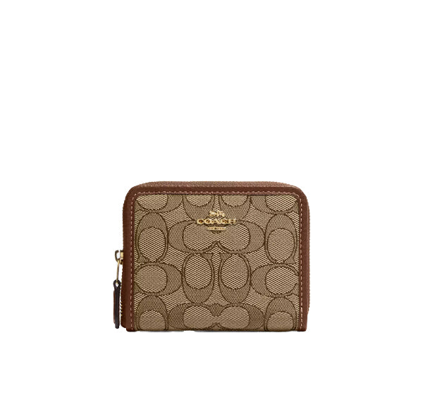 Coach Women's Small Zip Around Wallet In Signature Jacquard Gold/Khaki/Saddle Multi