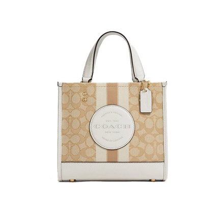 Coach Women's Dempsey Tote 22 In Signature Jacquard With Stripe And Coach Patch Gold/Light Khaki Chalk