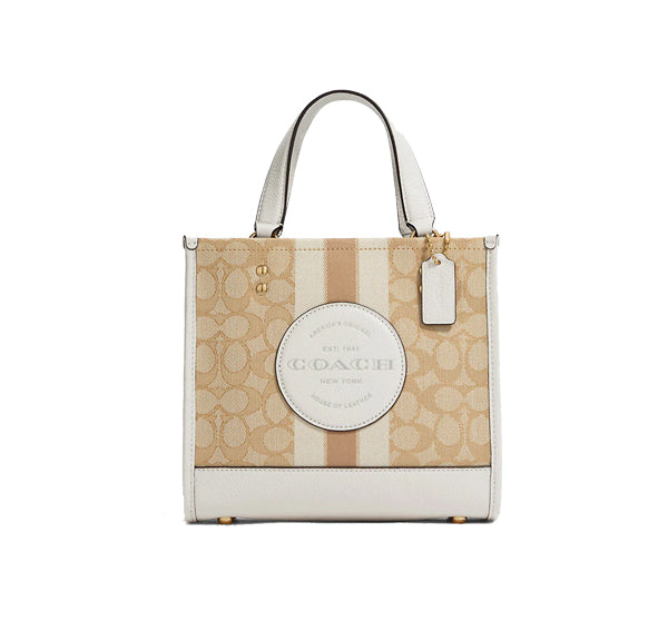 Coach Women's Dempsey Tote 22 In Signature Jacquard With Stripe And Coach Patch Gold/Light Khaki Chalk