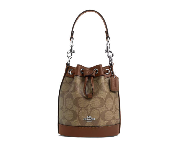 Coach Women's Mini Bucket Bag In Signature Canvas Silver/Khaki/Saddle