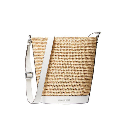 Michael Kors Women's Townsend Medium Straw Bucket Messenger Natural Optic White