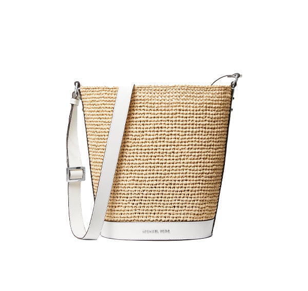 Michael Kors Women's Townsend Medium Straw Bucket Messenger Natural Optic White