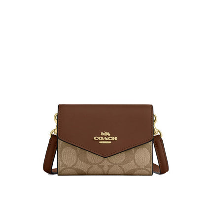 Coach Women's Mini Envelope Wallet With Strap In Signature Canvas Gold/Khaki Saddle 2