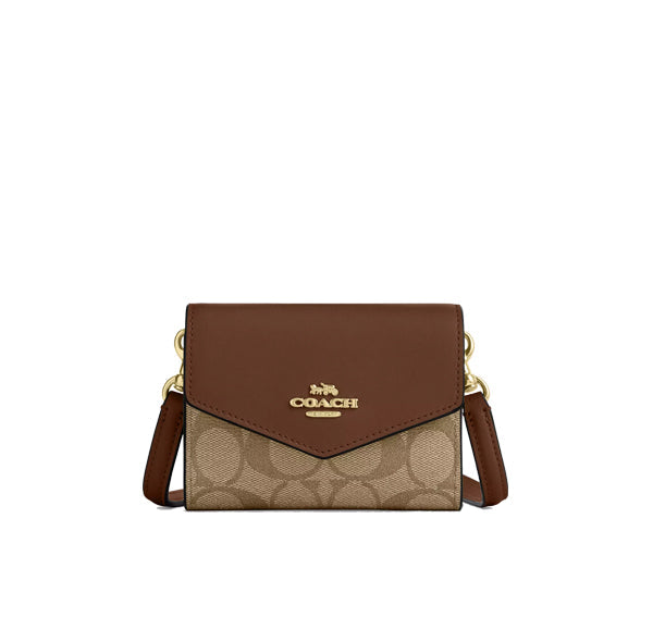 Coach Women's Mini Envelope Wallet With Strap In Signature Canvas Gold/Khaki Saddle 2