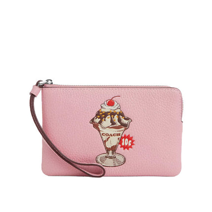 Coach Women's Corner Zip Wristlet With Sundae Graphic Silver/Cherry Blossom