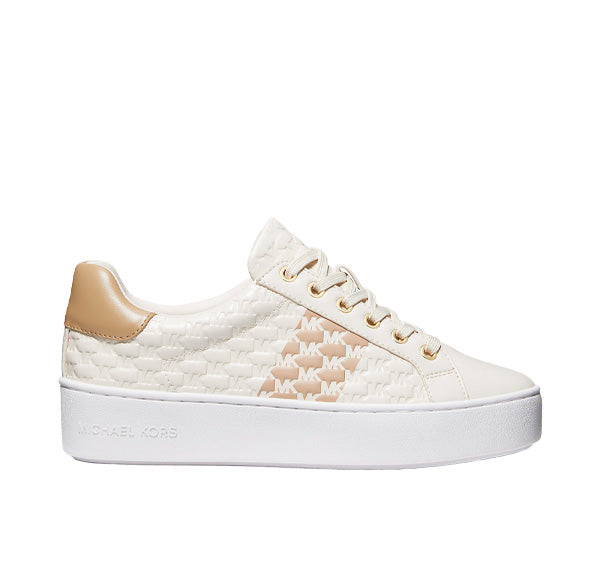 Michael Kors Women's Poppy Logo Embossed Stripe Sneaker Light Cream - Ready to Ship