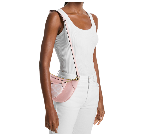 Michael Kors Women's Hollis Medium 2-in-1 Pebbled Leather and Logo Jacquard Shoulder Bag Powder Blush/Gold