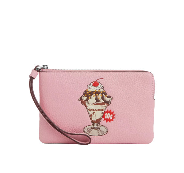 Coach Women's Corner Zip Wristlet With Sundae Graphic Silver/Cherry Blossom