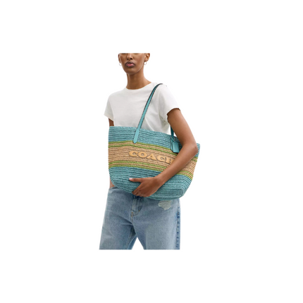 Coach Women's City Tote Bag Straw/Silver/Light Turquoise Multi