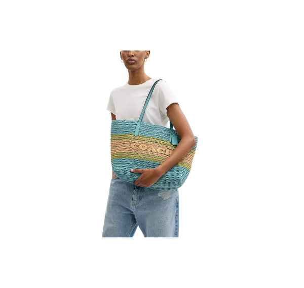 Coach Women's City Tote Bag Straw/Silver/Light Turquoise Multi