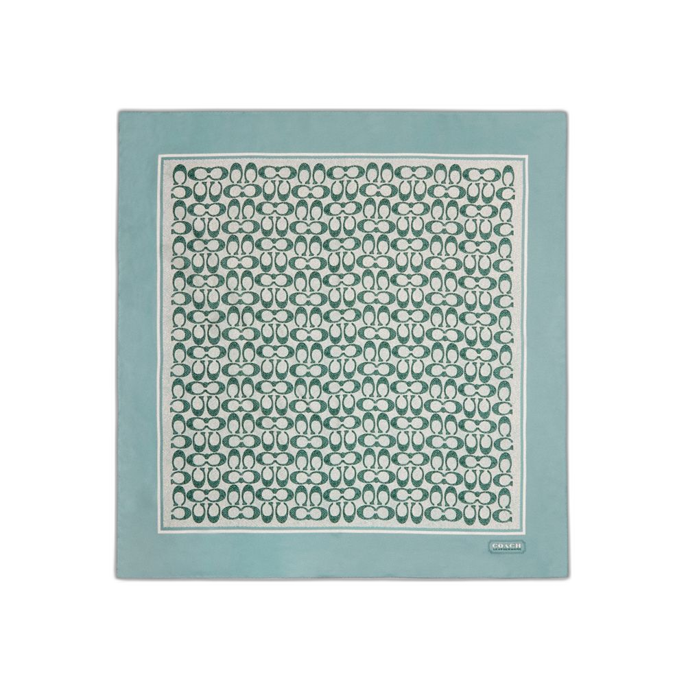 Coach Women's Textured Signature Print Silk Square Scarf Aquamarine