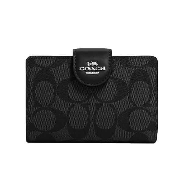 Coach Women's Medium Corner Zip Wallet In Signature Canvas Silver/Graphite/Black