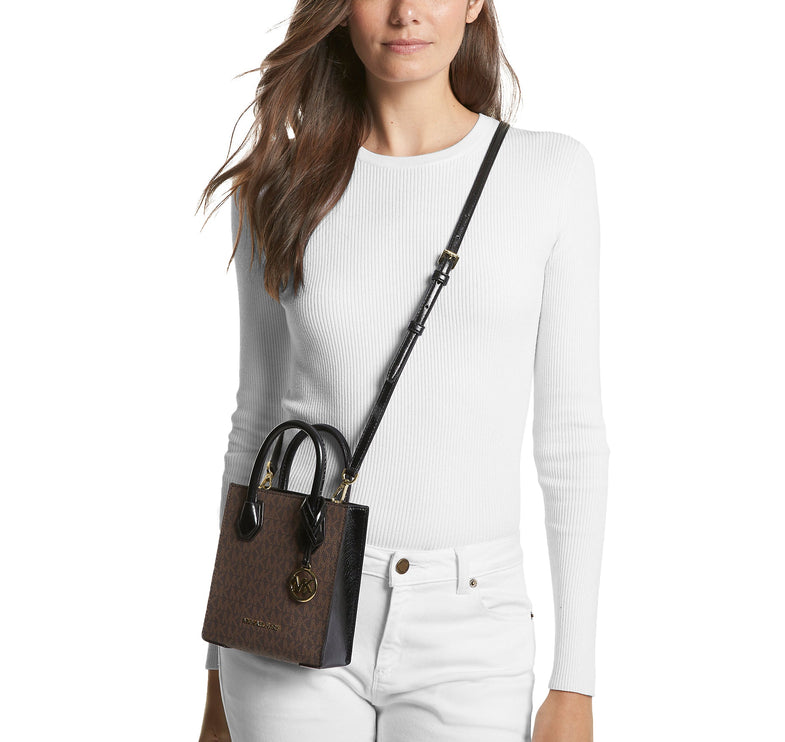 Michael Kors Women's Mercer Extra Small Signature Logo Crossbody Bag Black/Brown - Ready to Ship