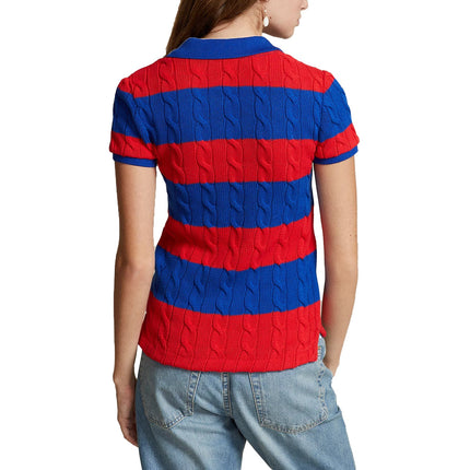 Polo Ralph Lauren Women's Slim Fit Cable Knit Polo Shirt  Petal Red/Sapphire Star