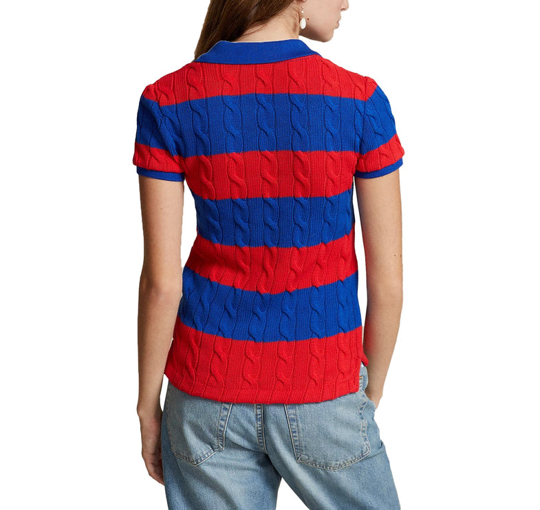 Polo Ralph Lauren Women's Slim Fit Cable Knit Polo Shirt  Petal Red/Sapphire Star