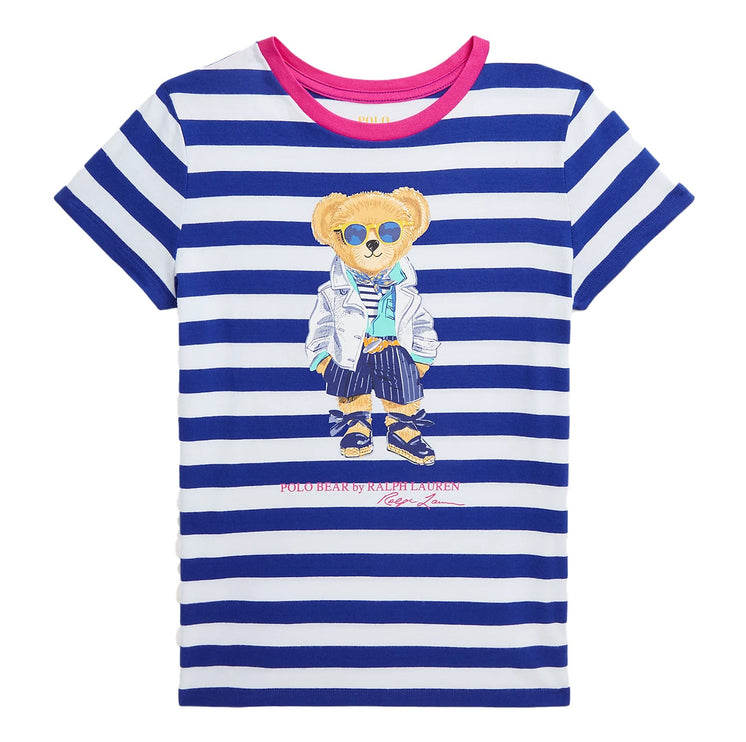 Polo Ralph Lauren Girl's Striped Polo Bear Cotton Jersey Tee Brilliant Sapphire Wht St