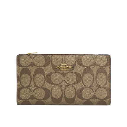 Coach Women's Slim Zip Wallet In Signature Canvas Gold/Khaki Saddle 2