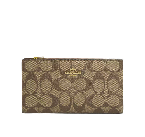 Coach Women's Slim Zip Wallet In Signature Canvas Gold/Khaki Saddle 2