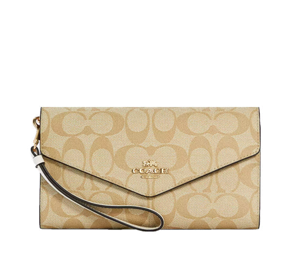 Coach Women's Travel Envelope Wallet In Signature Canvas Gold/Light Khaki Chalk