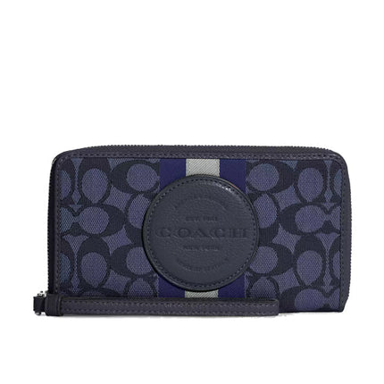 Coach Women's Dempsey Large Phone Wallet In Signature Jacquard With Stripe And Coach Patch Silver/Denim/Midnight Navy Multi