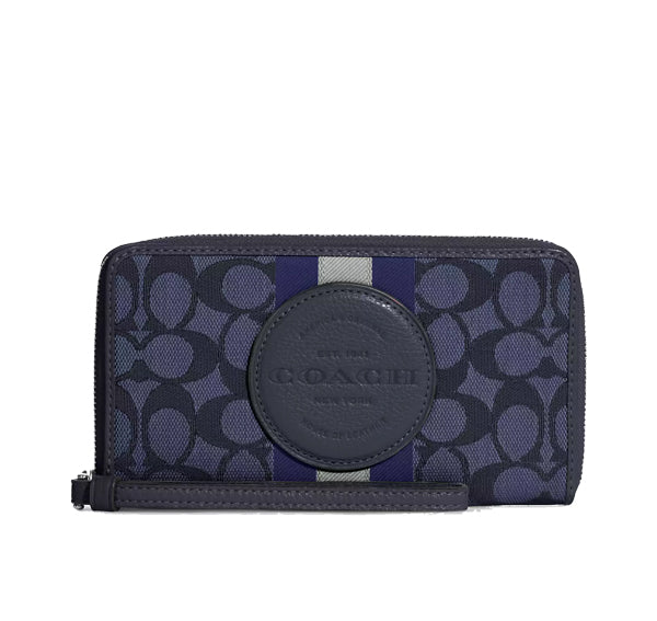 Coach Women's Dempsey Large Phone Wallet In Signature Jacquard With Stripe And Coach Patch Silver/Denim/Midnight Navy Multi