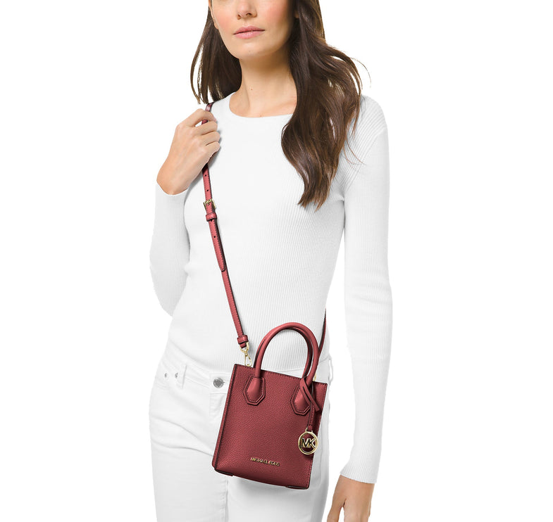 Michael Kors Women's Mercer Extra Small Pebbled Leather Crossbody Bag Dark Cherry - Ready to Ship