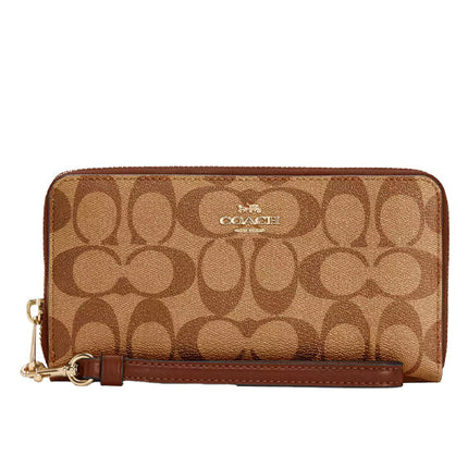 Coach Women's Long Zip Around Wallet In Signature Canvas Gold/Khaki Saddle 2