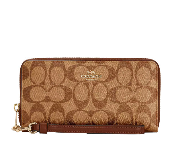 Coach Women's Long Zip Around Wallet In Signature Canvas Gold/Khaki Saddle 2