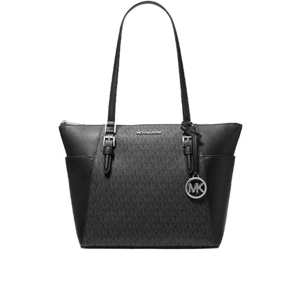 Michael Kors Women's Charlotte Large Logo and Leather Top-Zip Tote Bag Black