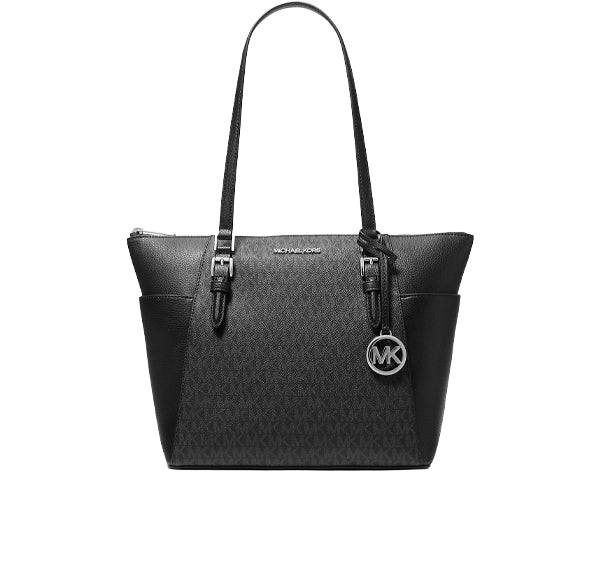 Michael Kors Women's Charlotte Large Logo and Leather Top-Zip Tote Bag Black