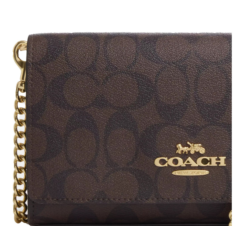 Coach Women's Flap Clutch Crossbody In Signature Canvas Gold/Brown Black