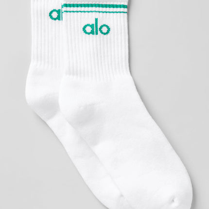 alo Women's Unisex Half-Crew Throwback Sock - White/Spruce Green