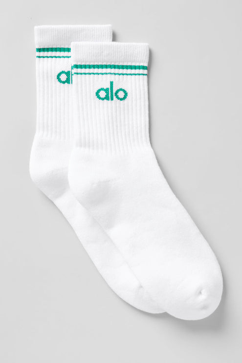 alo Women's Unisex Half-Crew Throwback Sock - White/Spruce Green