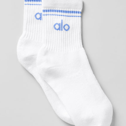 alo Women's Unisex Half-Crew Throwback Sock - White/Crystal Clear Blue