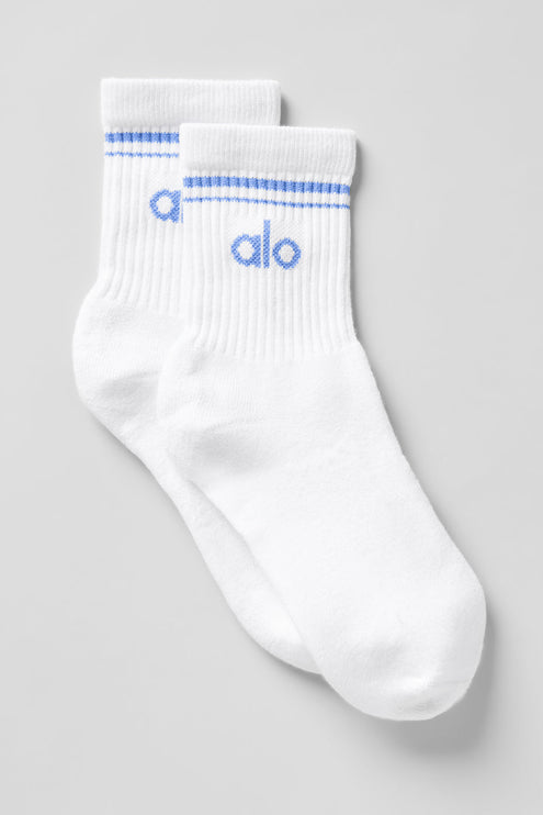 alo Women's Unisex Half-Crew Throwback Sock - White/Crystal Clear Blue