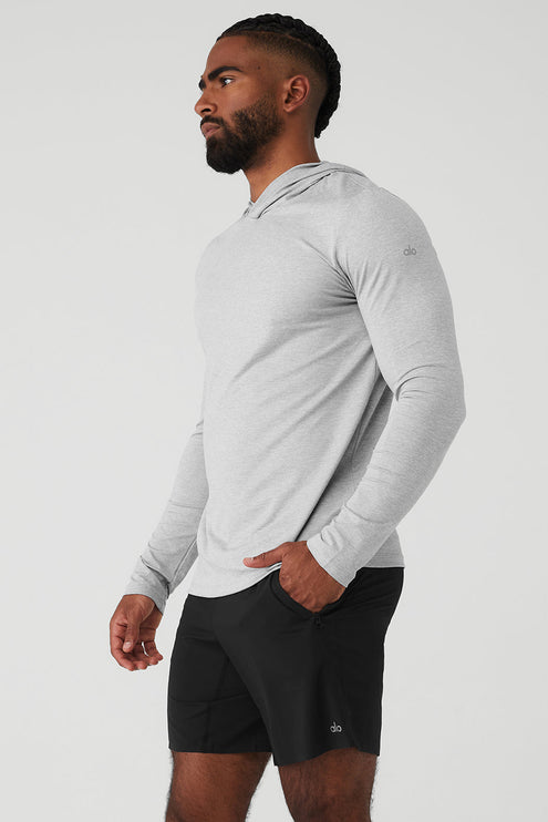 alo Men's Conquer Reform Long Sleeve With Hood - Athletic Heather Grey