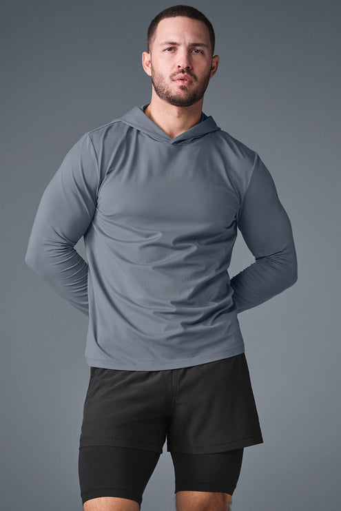 alo Men's Conquer Reform Long Sleeve With Hood - Steel Grey