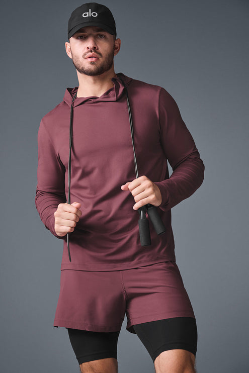 alo Men's Conquer Reform Long Sleeve With Hood - Burgundy Truffle