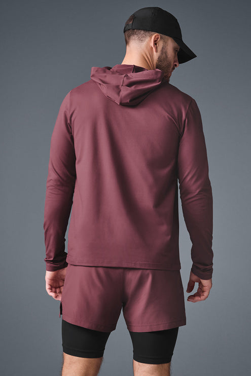 alo Men's Conquer Reform Long Sleeve With Hood - Burgundy Truffle
